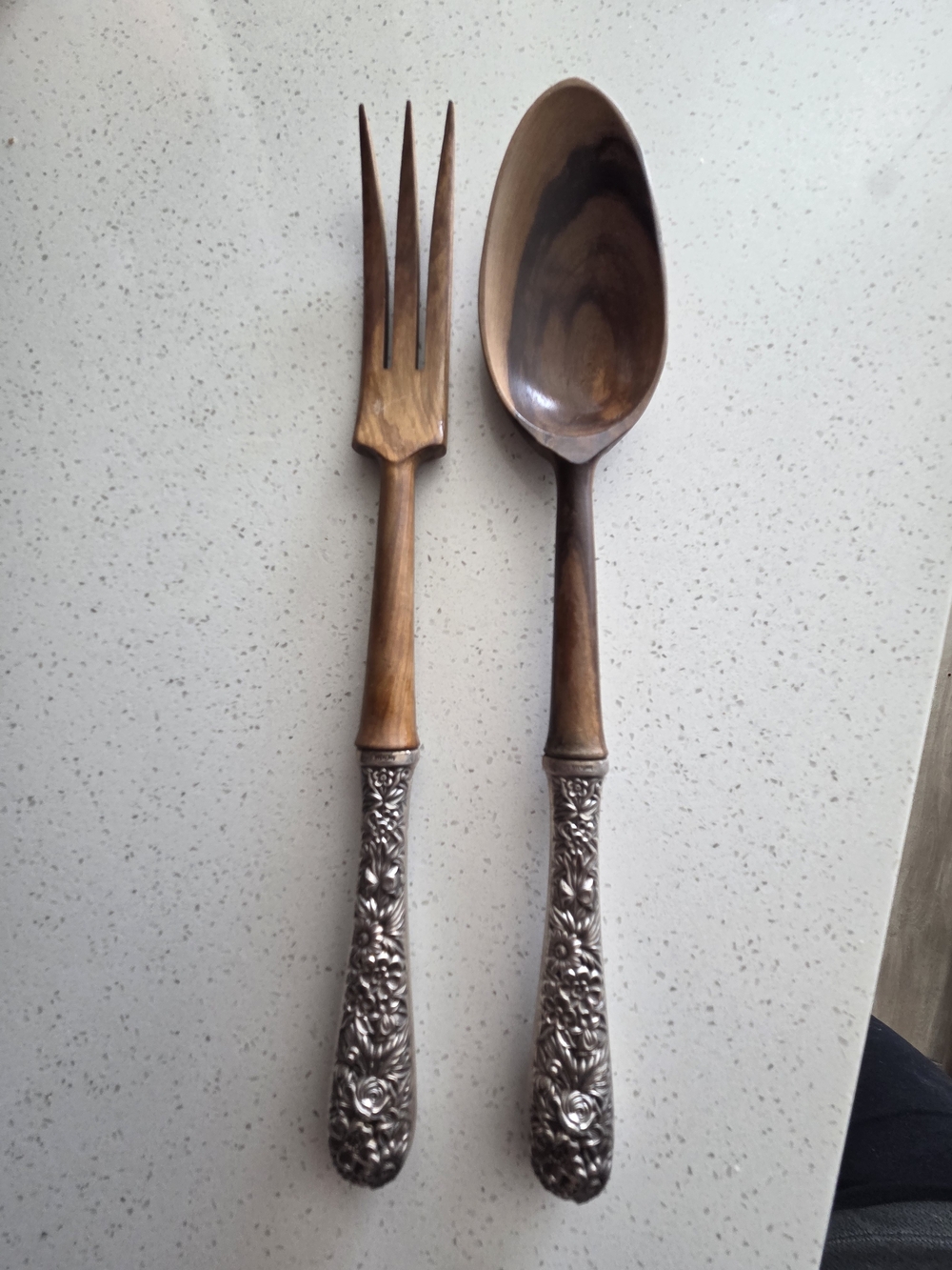 Wood and Embossed Sterling Silver-Handle Serving Fork and Spoon Set